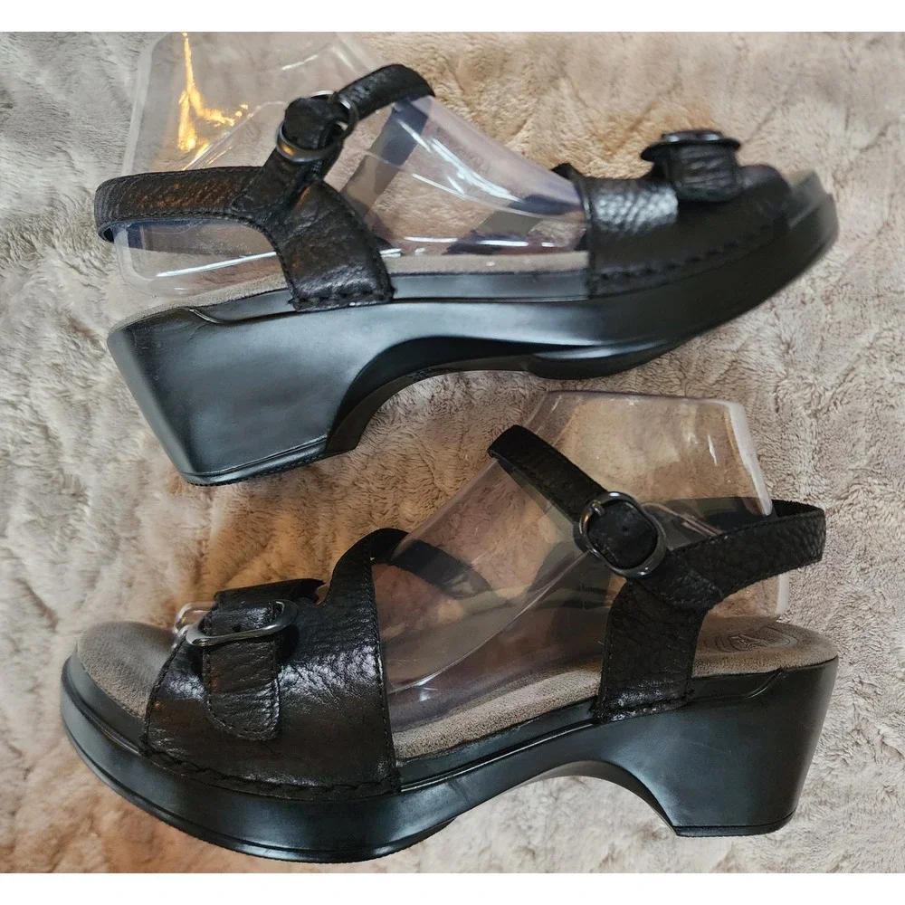 Dansko Black Pebbled Leather Wedge Sandals Strappy Slingback Buckle Shoes Eu 40